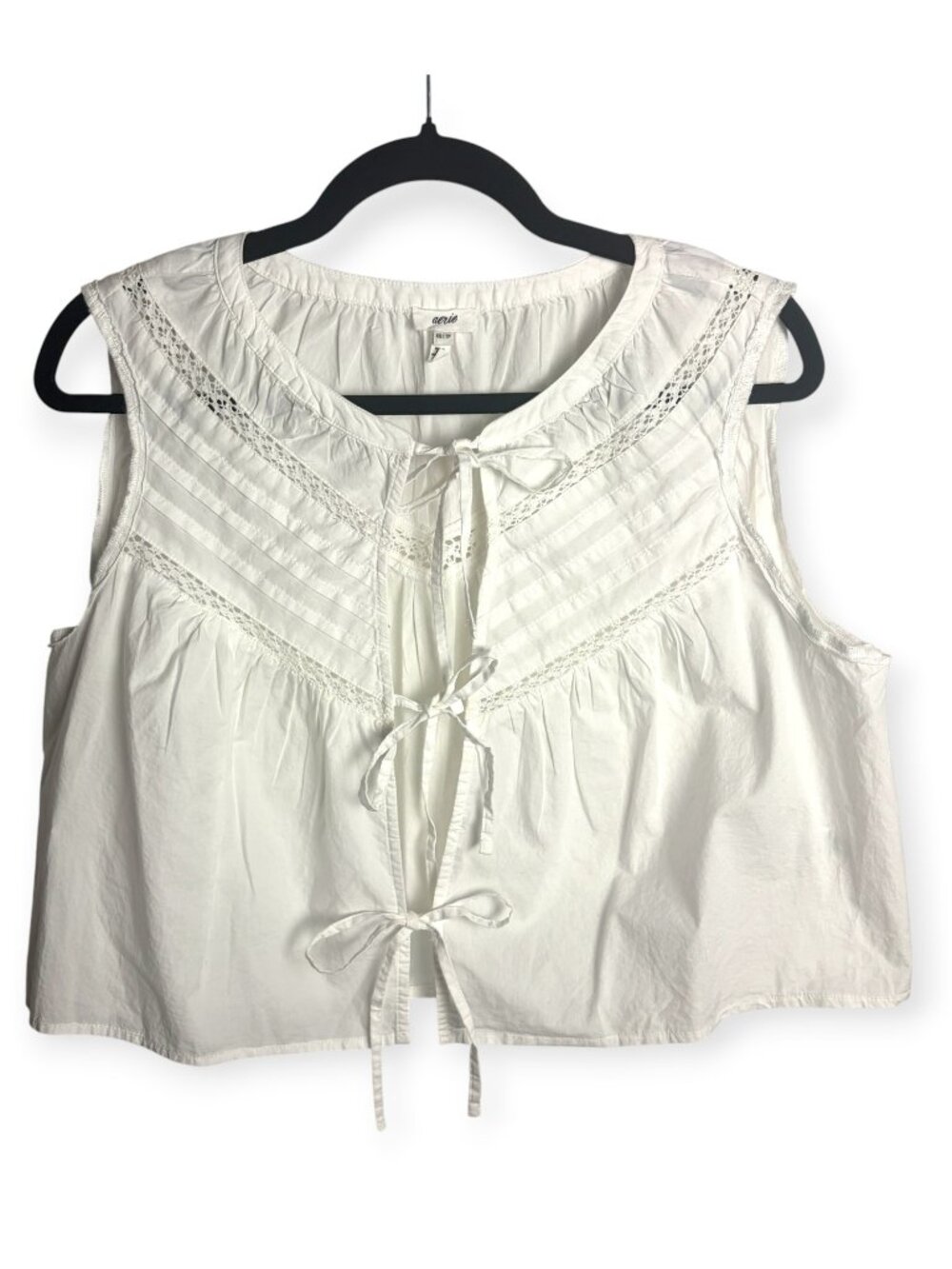 Aerie Size Xs Boxy White Tie Front Tank Top Blouse Eyelet Lace Beach Cotton Boho